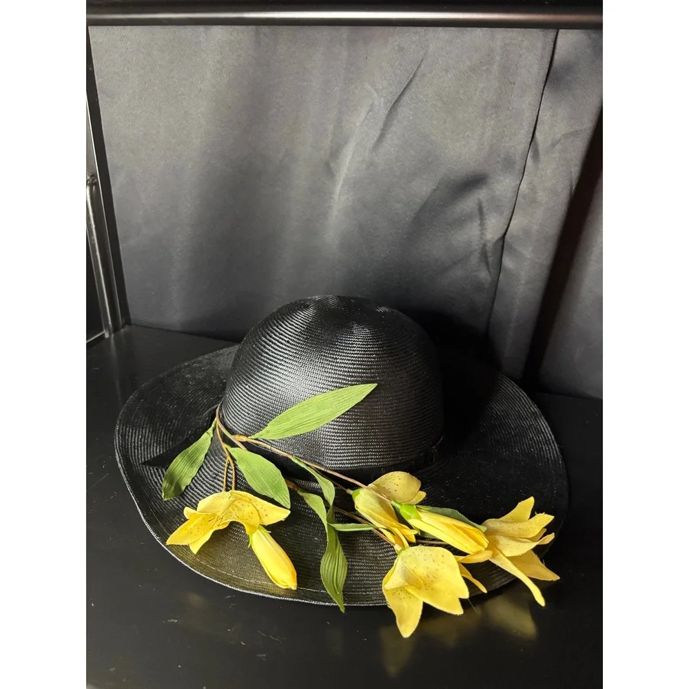 Vintage Betmar New York Black Wide Brim Sun Hat Yellow Floral Velvet Ribbon NWT